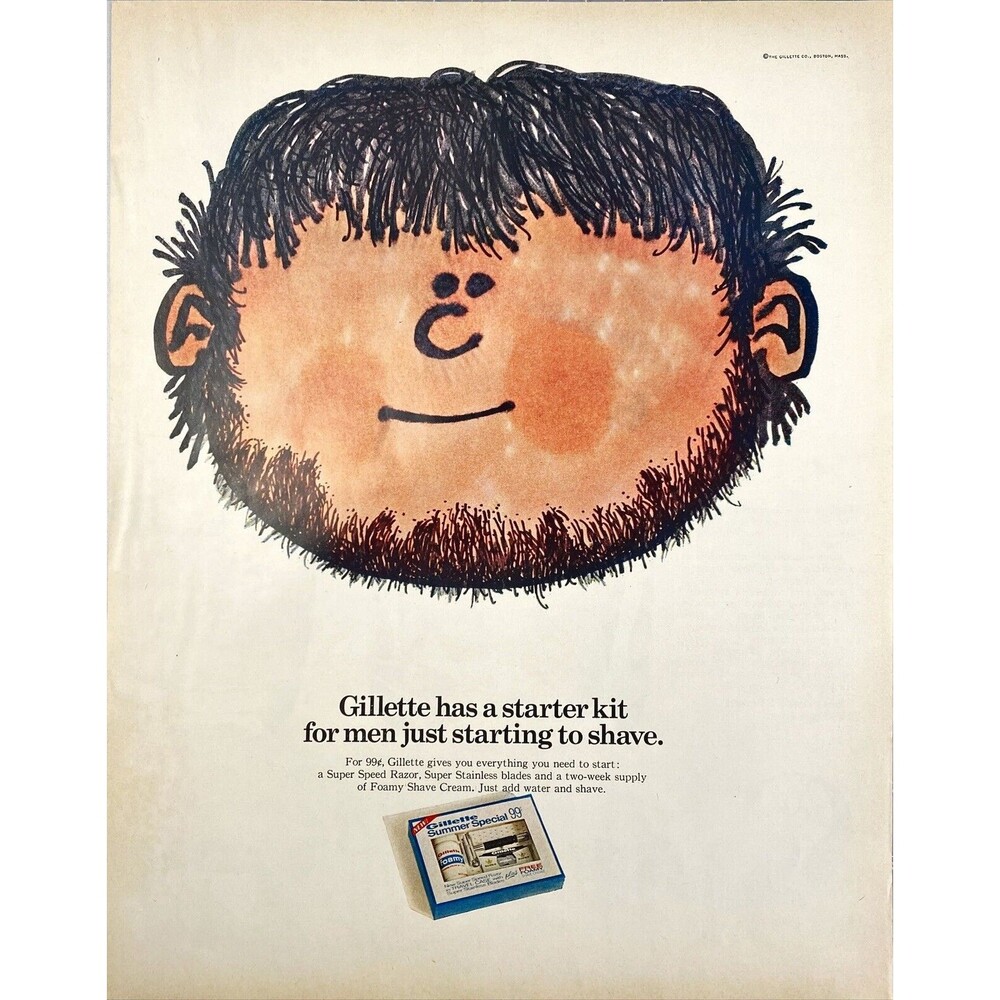 Gillette Starter Kit "for Men just Starting to Shave" Vintage Print Ad 1967